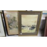 Two framed and glazed watercolours, cottage scene and boat scene.