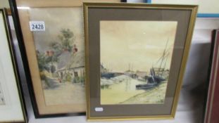 Two framed and glazed watercolours, cottage scene and boat scene.