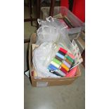 A box of assorted sewing items including bridal veil.