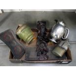 Silver plated lidded jug, brass cribbage board, wooden carving etc.