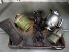 Silver plated lidded jug, brass cribbage board, wooden carving etc.