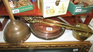 A copper warming pan, copper washing dolly, brass saucepan, brass coal tins etc.
