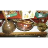 A copper warming pan, copper washing dolly, brass saucepan, brass coal tins etc.