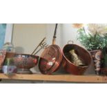 A copper warming pan, copper punch bowl, large copper pan, brass jug etc.
