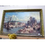 A large gilt framed oil on board of a harbour scene - Collect only
