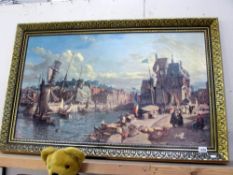 A large gilt framed oil on board of a harbour scene - Collect only