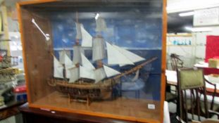 A cased HMS Bounty cutaway model ship.