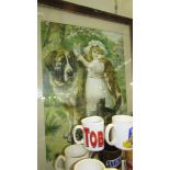 A framed and glazed print of a young girl with a St. Bernard dog and cats.