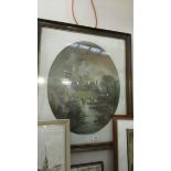 A framed and glazed oval picture of Richmond Castle.