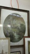 A framed and glazed oval picture of Richmond Castle.