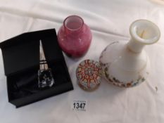 A Caithness glass vase, hand painted vase, glass paperweight door handle a/f etc.