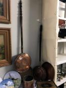 2 x 19c copper bed warming pans, hammered copper tray, planter etc.