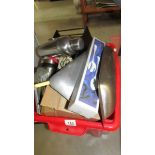 A box of stainless steel items etc.