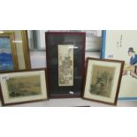 A pair of framed and glazed Japanese paintings on silk and one other.