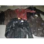 6 men's jackets, leather and faux leather, various styles and sizes.