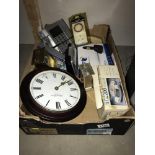 A box of telephones and clocks (4 of each) and a timer