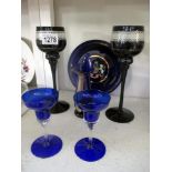 A selection of blue glass ware incuding vase, commemorative plate etc.