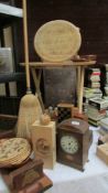 A large mixed lot of wooden items including a carved alphabet pine stool.