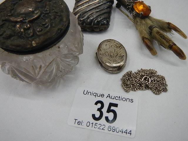 A mixed lot of silver items including silver vesta, silver topped jar, silver claw brooch etc. - Image 2 of 5