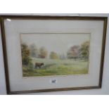 A framed and glazed rural scene watercolour with stately home in the background,