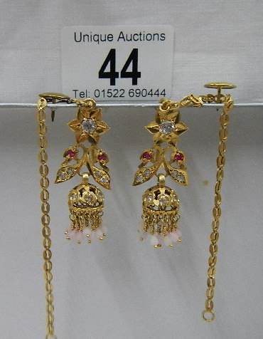 A pair of 22ct gold diamond and ruby earring with chains, 12 grams including stones. - Image 3 of 3