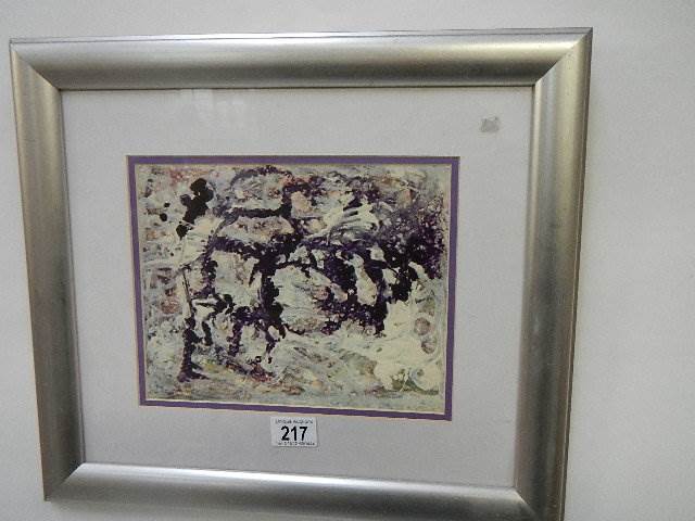 A framed and glazed painting entitled 'Purple and White' by Dorothy Lee Roberts, 1997. 45 x 39 cm.