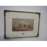 A framed and glazed early 20th century watercolour 'Landing Fish', 35 x 26 cm.