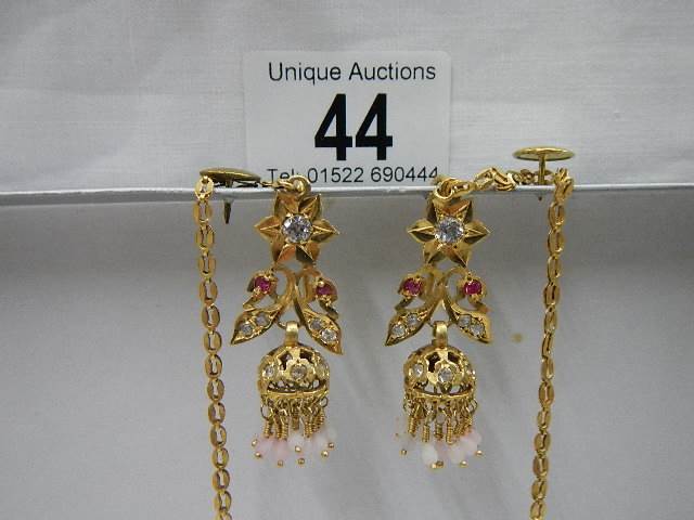 A pair of 22ct gold diamond and ruby earring with chains, 12 grams including stones. - Image 2 of 3