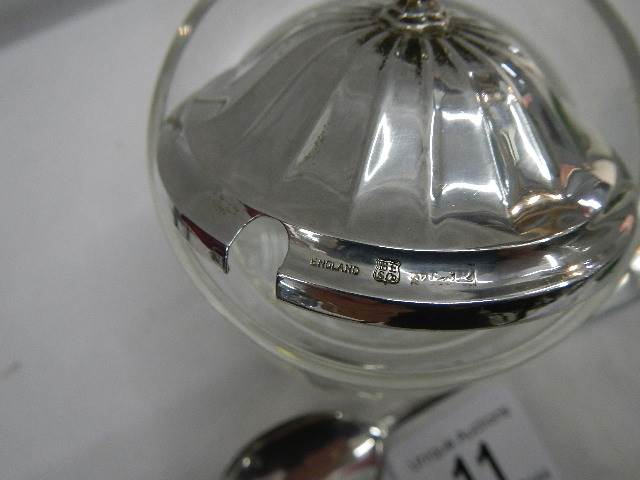 A silver top cut glass preserve pot with silver spoon. - Image 2 of 4