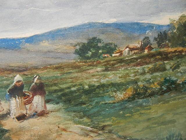 A framed and glazed watercolour rural scene with figures walking up a farm track, signed P Martin, - Image 6 of 7