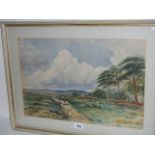 A framed and glazed watercolour rural scene with figures walking up a farm track, signed P Martin,