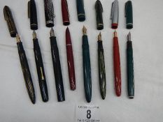 Eight good fountain pens, three with 14k gold nibs including 2 Shaeffer, 1 Waterman,