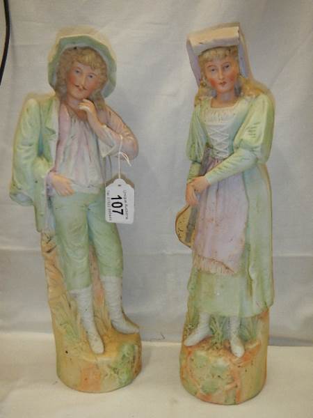 A pair of early 20th century bisque porcelain figures, 38 cm tall. - Image 2 of 5