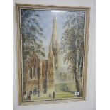 A framed and glazed watercolour of Salisbury Cathedral signed and dated SMAL, 1954. 52 x 72 cm.