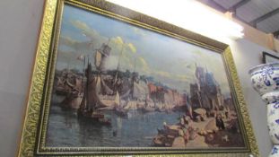 A large varnished print of a harbour scene in gilt frame. 114 x 74 cm, collect only.