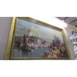 A large varnished print of a harbour scene in gilt frame. 114 x 74 cm, collect only.