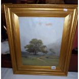 A gilt framed oil on board rural scene, signed but indistinct.