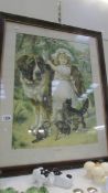 A 1930's oak framed print entitled 'Playmates' depicting a girl with a Saint Bernard dog and cats,