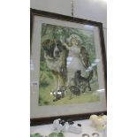 A 1930's oak framed print entitled 'Playmates' depicting a girl with a Saint Bernard dog and cats,