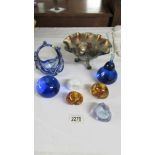 A carnival glass bowl, 3 Uredale glass paperweights, a blue glass apple and pear etc.