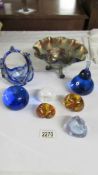 A carnival glass bowl, 3 Uredale glass paperweights, a blue glass apple and pear etc.