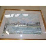 A framed and glazed watercolour entitled 'Ely across the Ouse', collect only.