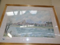 A framed and glazed watercolour entitled 'Ely across the Ouse', collect only.