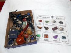 A tray of misc polished gem stones, wristwatches etc.