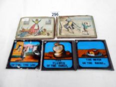 3 19c coloured glass magic lantern slides and 2 others