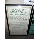 A framed and glazed original poster issued August 1946 referring to a reduction in sea surcharges