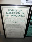 A framed and glazed original poster issued August 1946 referring to a reduction in sea surcharges