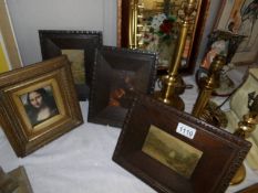 Three oak framed pictures and one other.