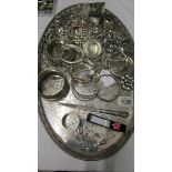 A Viners of Sheffield silver plate tray, a silver bracelet, a silver ring set pink stone,