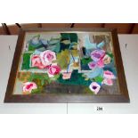 A 20c British school oil on board, pink flowers in abstract form, size including frame 52.